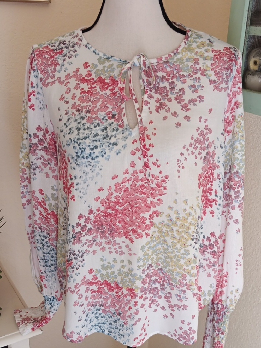 Lucky Brand Women’s Floral Tie-Neck Blouse in Coral, Blue & Green. Garden GIrl.